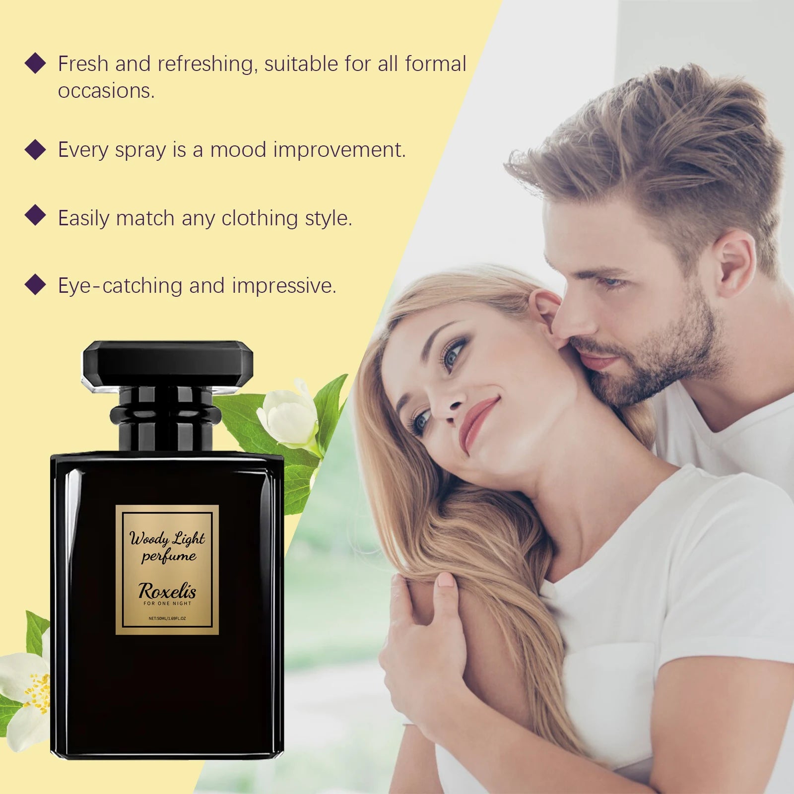 Roxelis Woody Light perfume for men in a sleek black square glass bottle, a long-lasting, elegant woody scent.