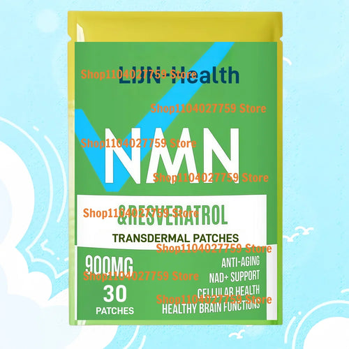 LIJN-Health NMN & Resveratrol 900mg anti-aging transdermal patches in a green and yellow flat pouch packaging.