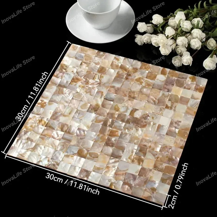 Mother of pearl mosaic tile sheet, warm beige and gold iridescent squares, 30x30 cm