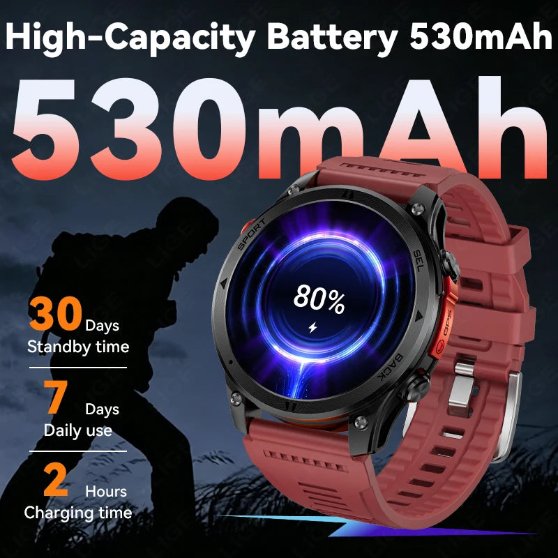 LIGE New Global Hiking Smart Watch 1.46''HD Screen 530mAh Battery GPS Path Track Outdoor Sport Fitness Waterproof Smartwatch Men