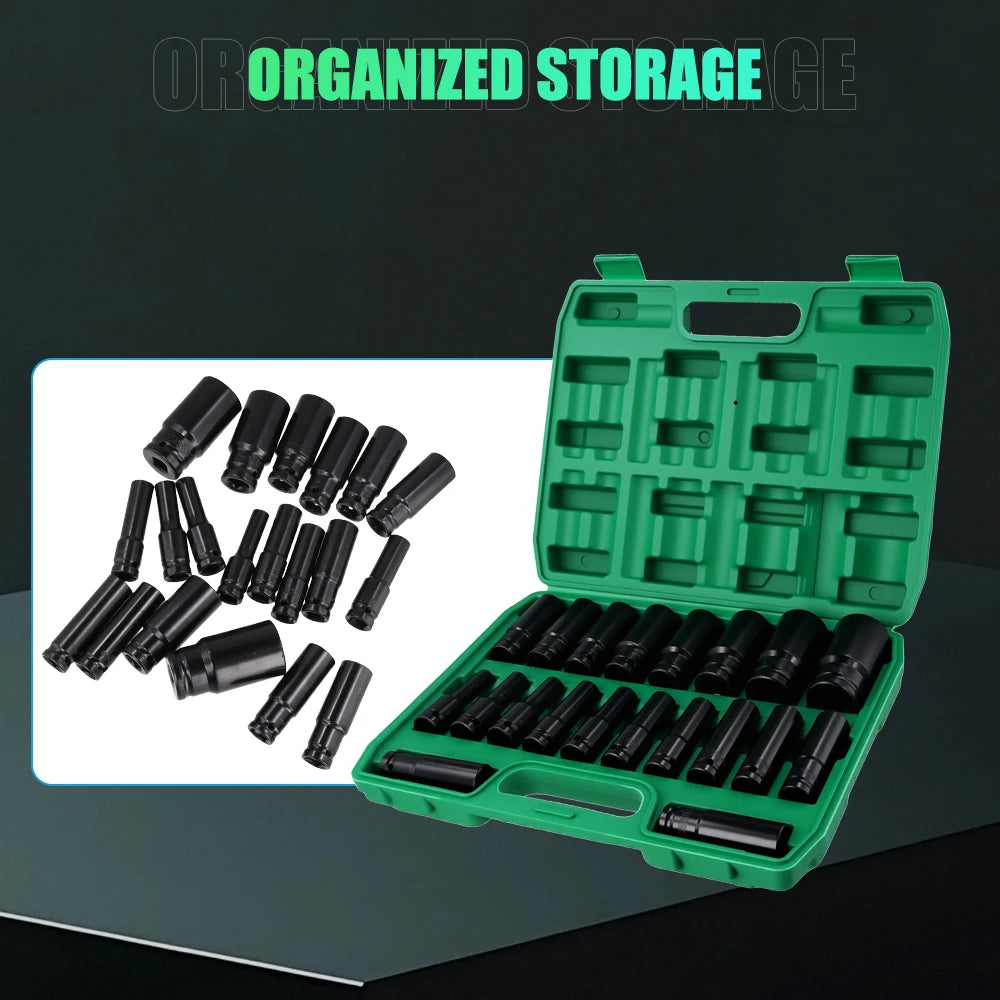 Podofo 20pcs 1/2 Inch Drive Socket Set 6 Point Hex Design Impact Socket Set Impact Wrench Nut Spanner Set Impact Socket 8-32mm