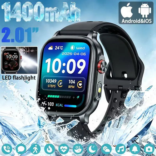 Black smartwatch with round touchscreen and black silicone strap, fitness activity display