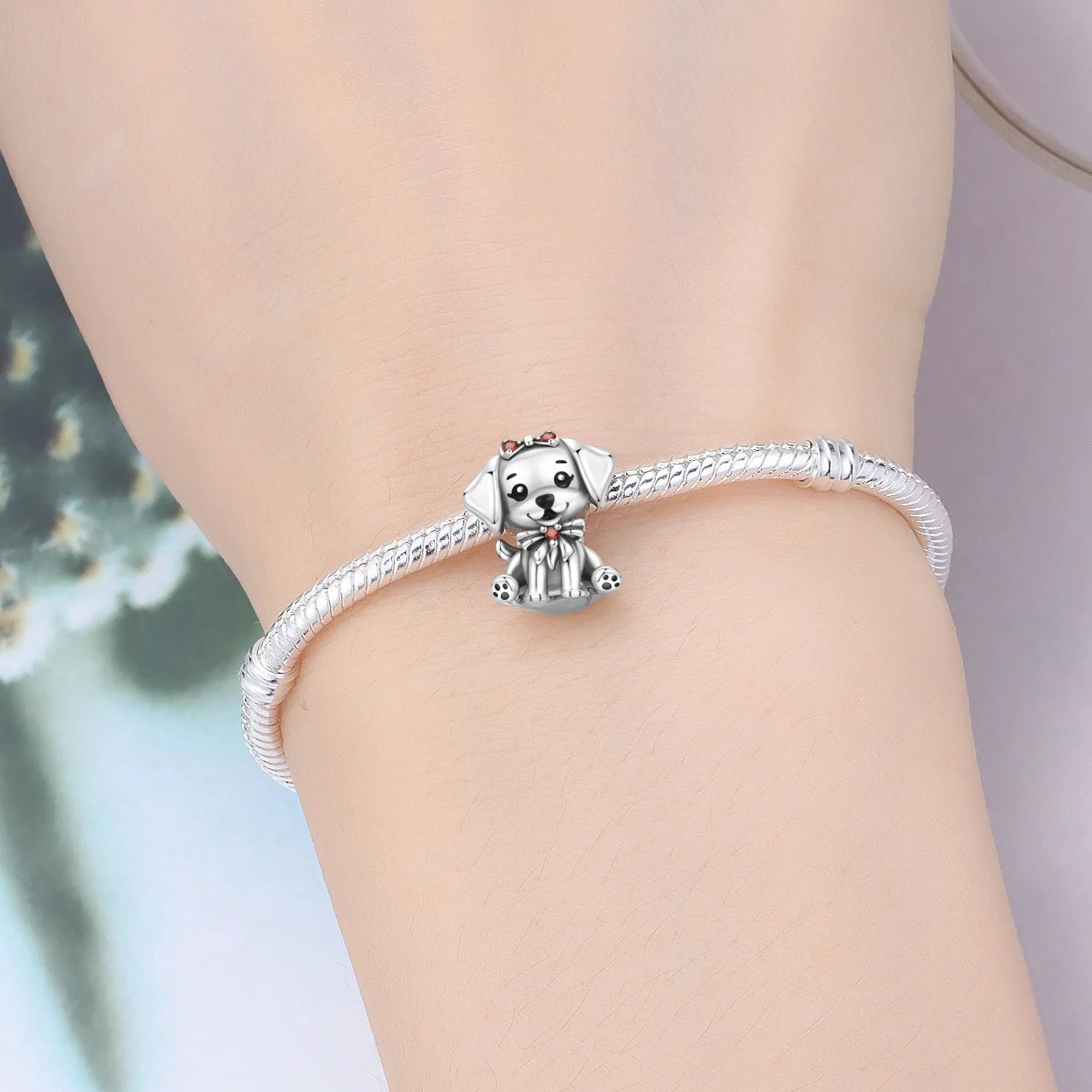 Cute 925 sterling silver dog charm with red bow on bracelet for pet lovers—perfect trendy DIY jewelry gift.