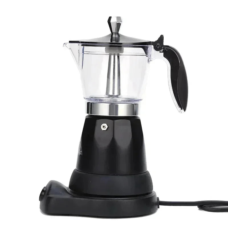 Electric moka pot coffee maker with black base, clear acrylic top, and silver metal accents on white background.