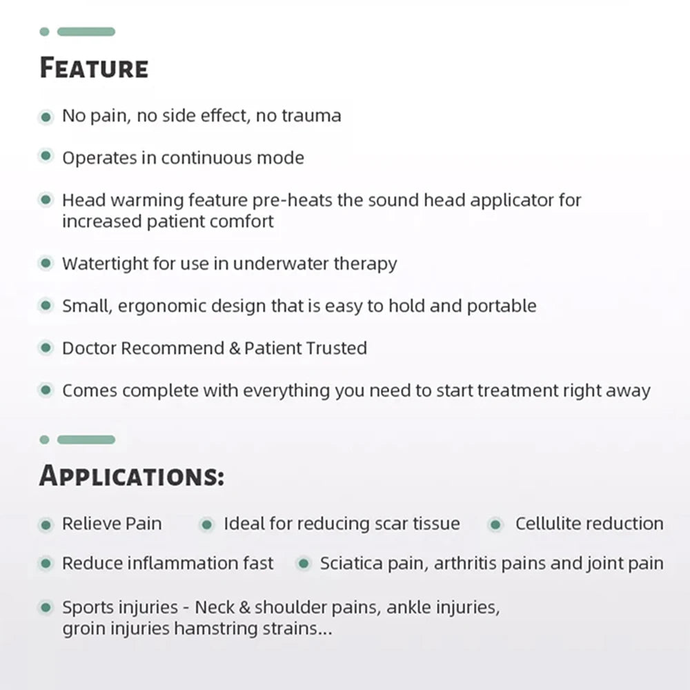 Ultrasound therapy device featuring a portable, watertight ergonomic design for pain relief and injury treatment.