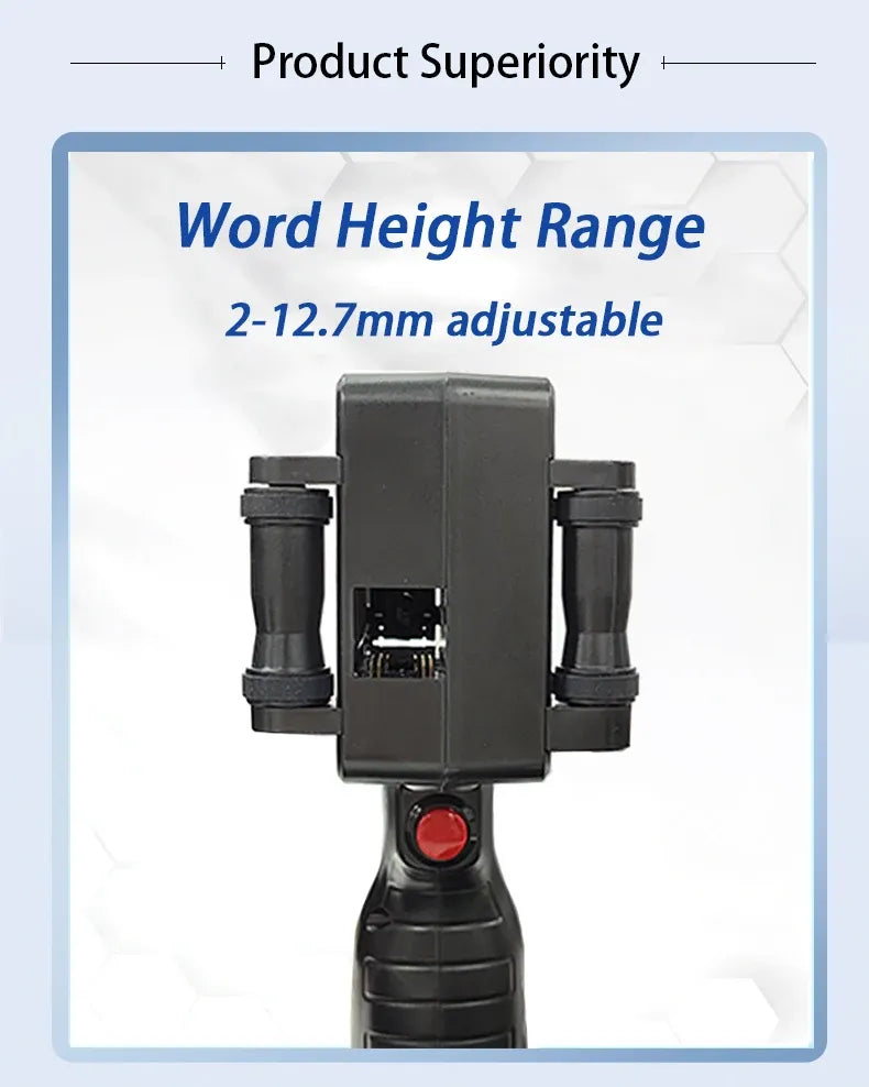 Handheld inkjet printer showing adjustable word height range 2-12.7mm