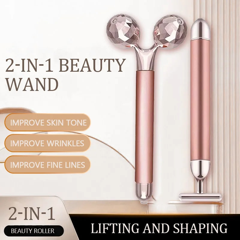 2-in-1 rose gold beauty wand with a 3D faceted roller head and a T-shaped electric vibrating facial massage head.
