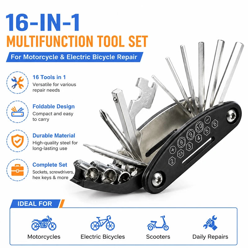 16 in 1 Folding Multi Tool Set Combination Screwdriver with Hex Keys for Motorcycle E-Bike Bicycle Repair