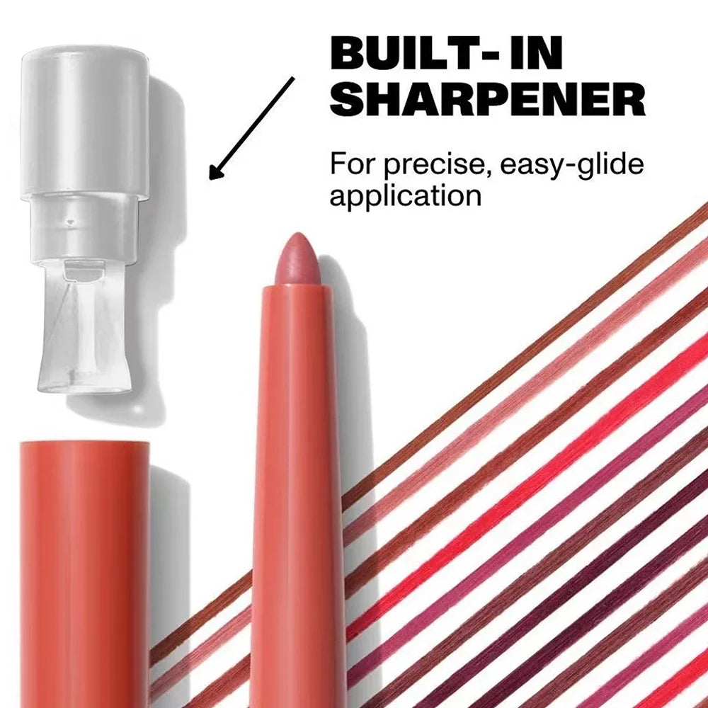 Face Secret matte waterproof lip liner pen with built-in sharpener, showing 12 long-lasting velvet lip color swatches.