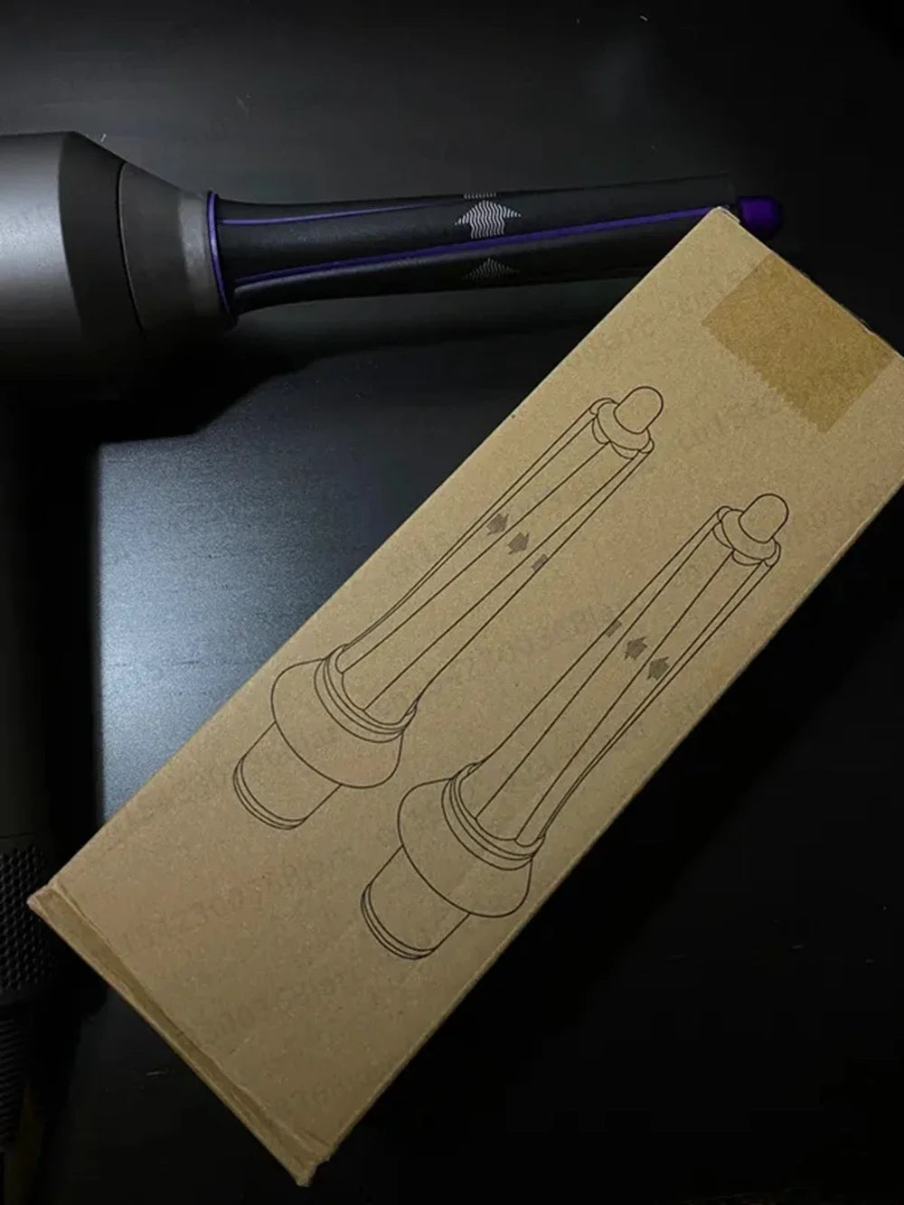 SenCiciMen grey leafless hair dryer with purple styling attachment and product box on black surface.