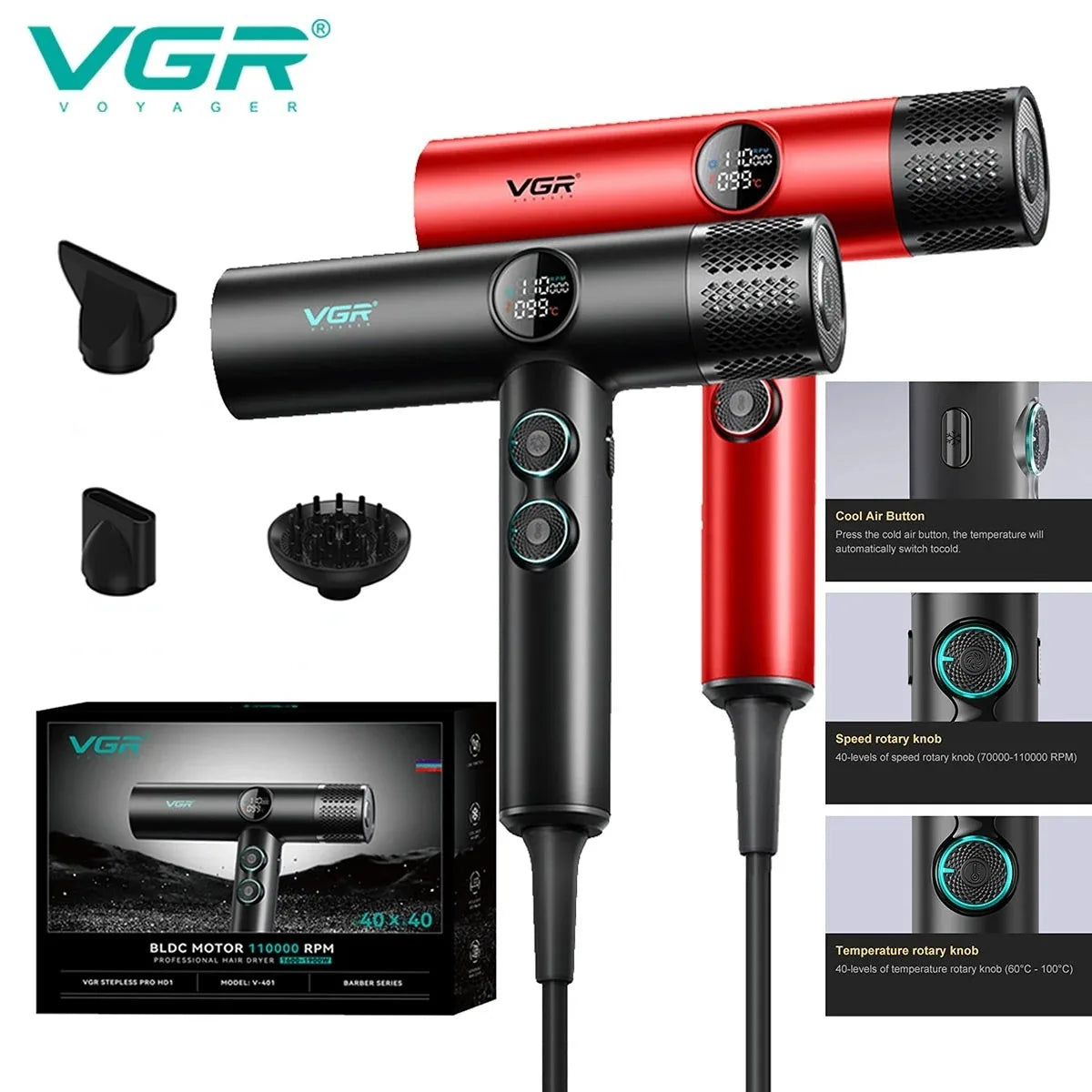 VGR V-401 professional leafless hair dryer in black and red with LCD screen, attachments, and high-speed BLDC motor.
