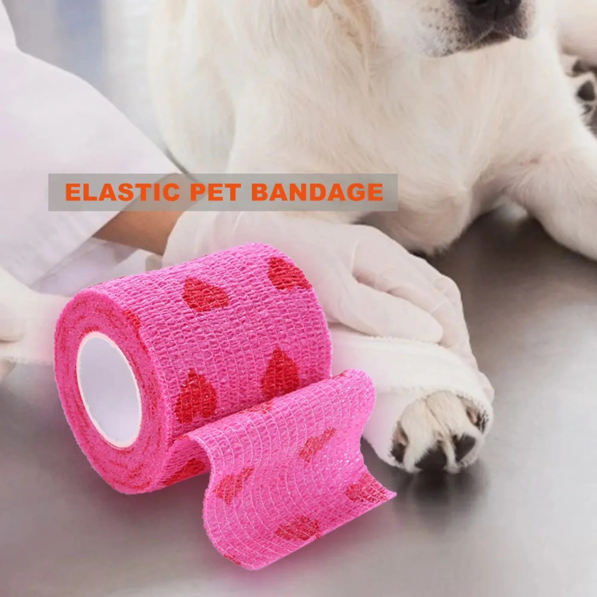 Pink heart-patterned self-adherent pet bandage for dog wound care. Breathable, elastic, non-woven sports tape for pets.
