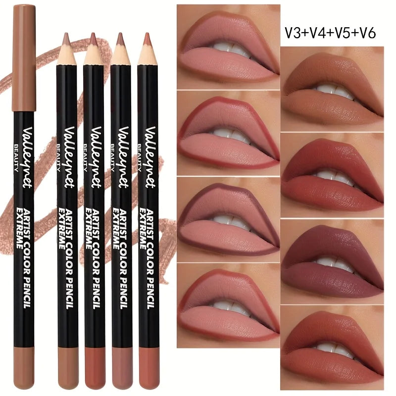 4pcs matte lip liner pencil set in nude and brown shades for long-lasting, smudge-proof lip makeup looks.