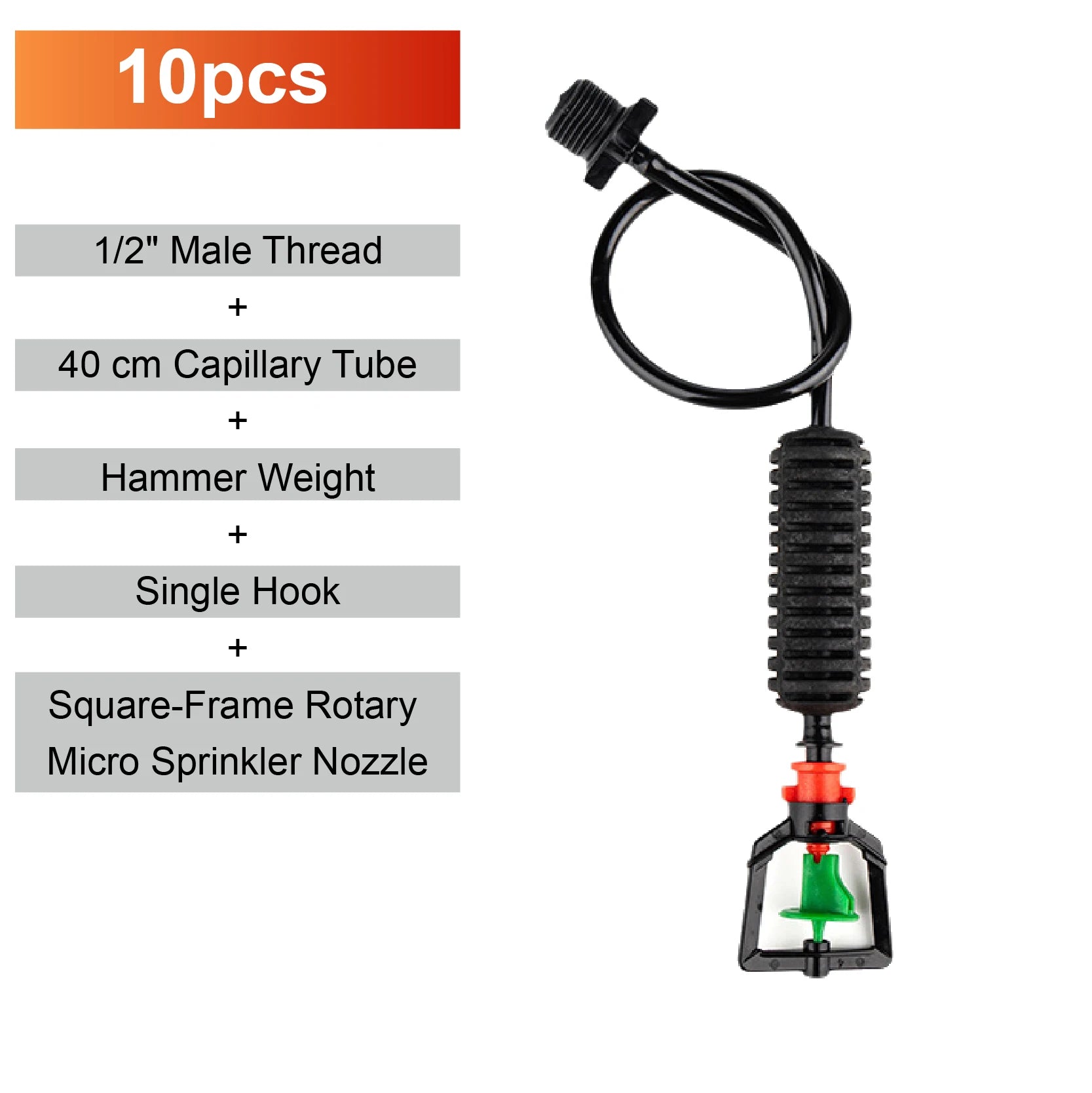 Hanging square-frame rotary micro sprinkler nozzle with black tube and green/red valve base