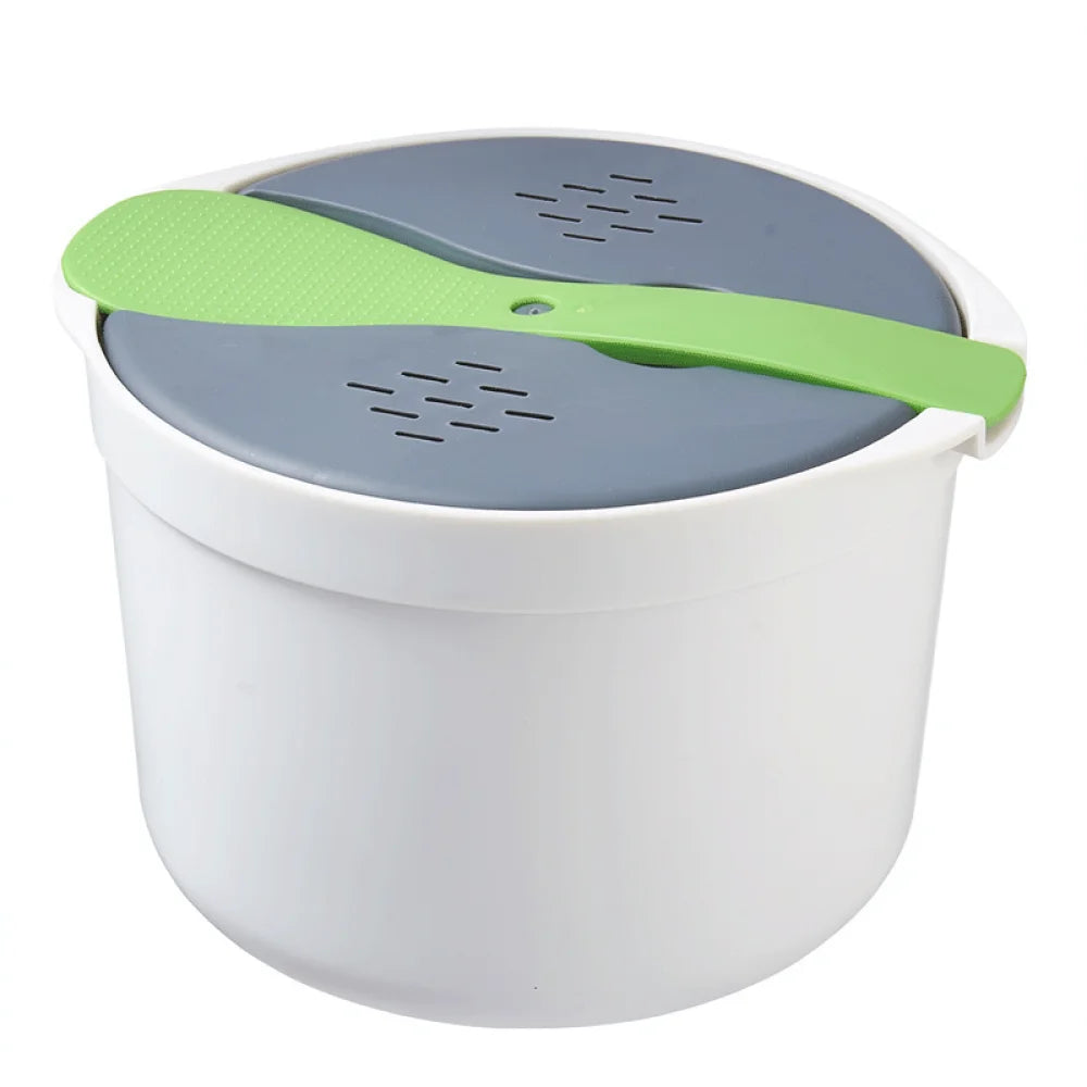 Microwave rice cooker steamer pot, white container with dark gray vented lid and green handle