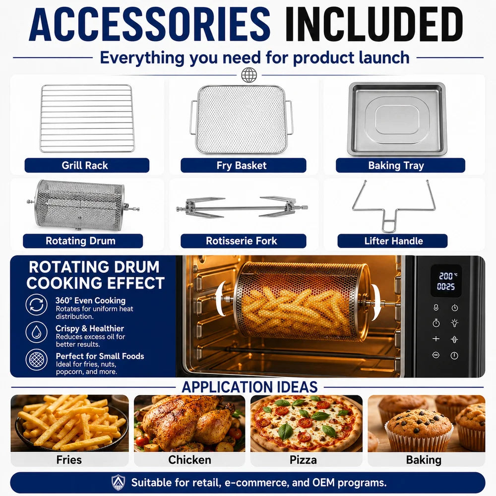 12L Large Capacity Air Fryer Oven 2 in 1 Rotating Drum Touch Control Visible Window 1600W CE CB OEM Factory