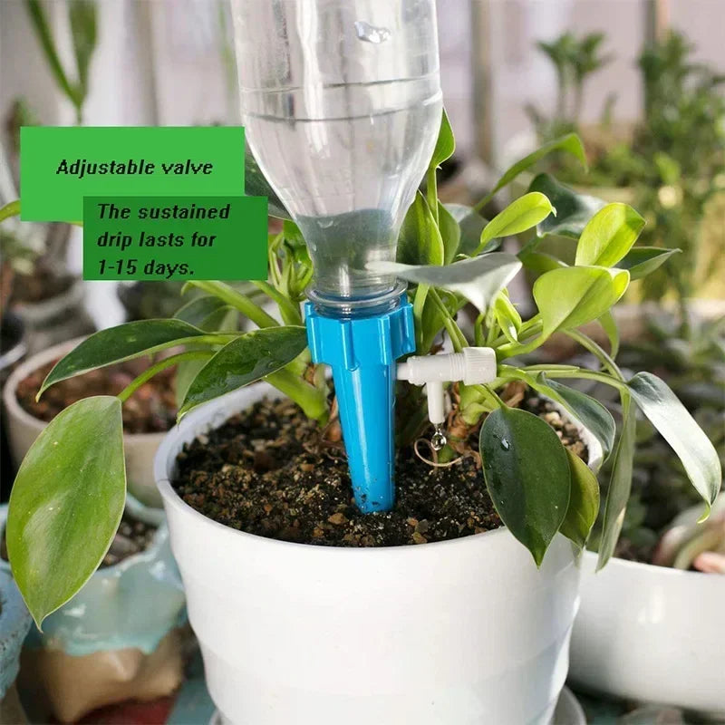 Blue drip irrigation stake with adjustable valve for potted plants