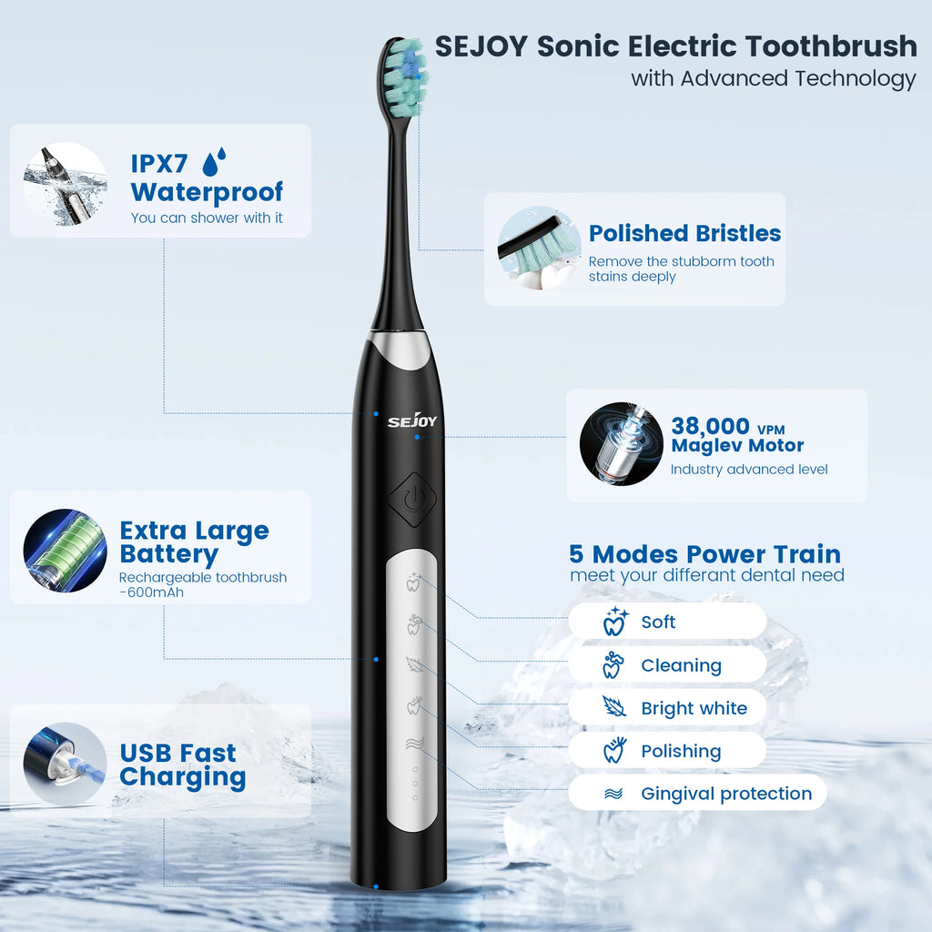Sejoy Electric Sonic Toothbrush with 10 pcs Replacement Heads 5 Modes USB Rechargeable Waterproof Electric Tooth Brushes