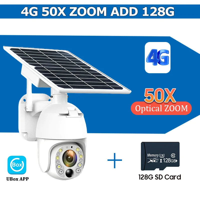 White 4G solar PTZ security camera with 50x optical zoom and 128GB SD card