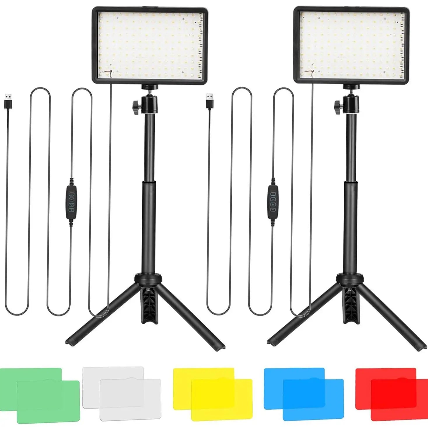 Two rectangular LED video light panels on adjustable tripod stands with USB cables and five colored filter sets.