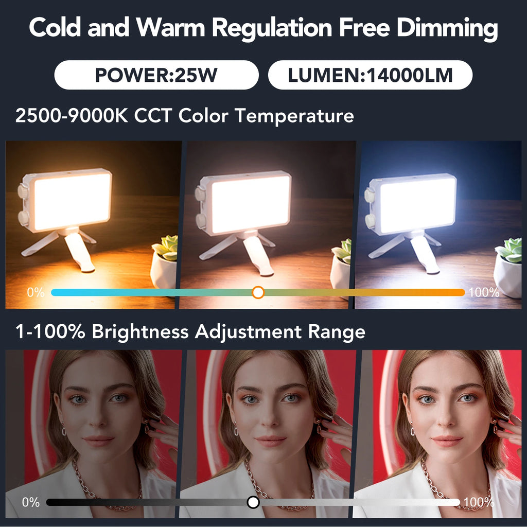 Rectangular LED video light with tripod stand, adjustable color temperature and brightness for photography or streaming.