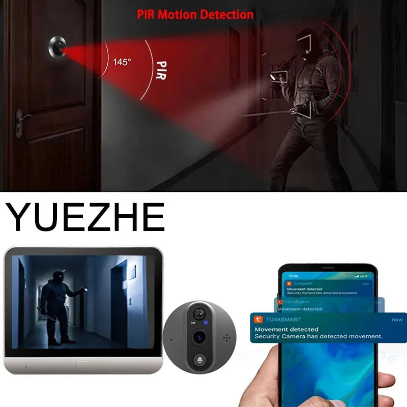 Yuezhe Tuya 3MP Peephole Smart WiFi Doorbell with Camera 4.3inch 1080P Eye 5000mAh PIR Motion Alarm Alexa Bell for Home