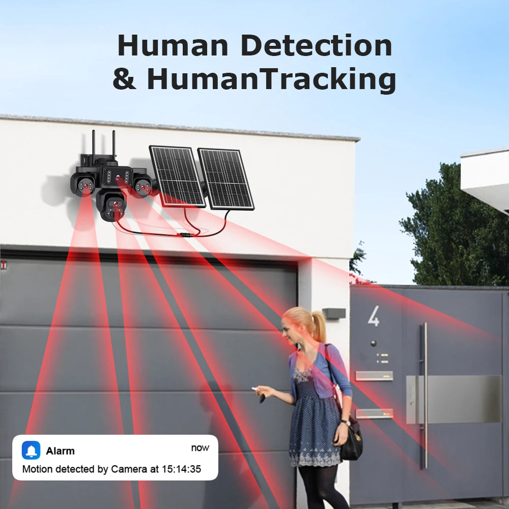 OKAM PRO AOV 24/7 Online Four Lens  AI Solar Camera Security Outdoor 360° Panoramic View CCTV  20100mAh Batterys Night Vision
