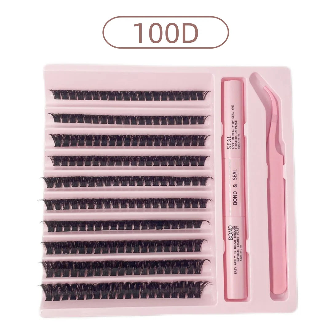 DIY lash cluster kit in a pink tray featuring black lash segments, a bond and seal duo pen, and curved tweezers.