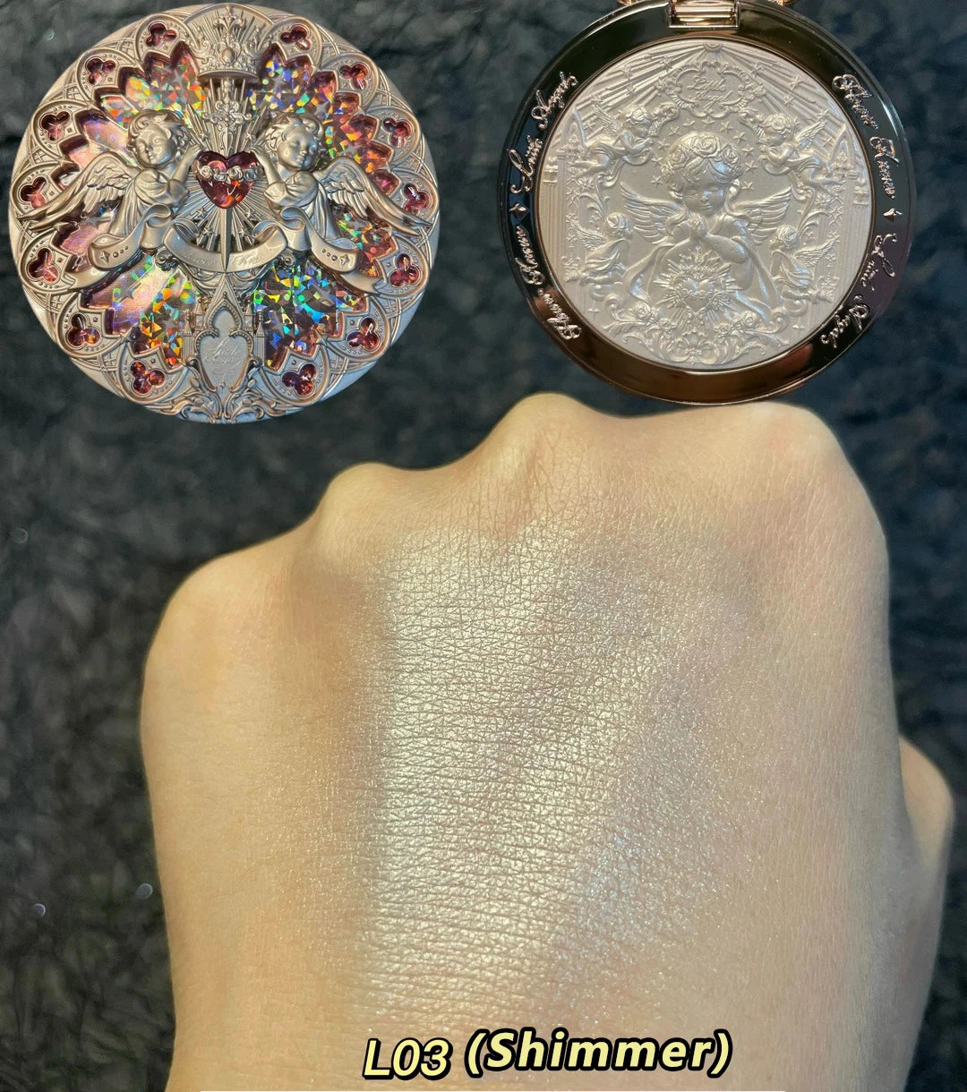 Tidesmit Flower Knows Little Angel embossed 3D contour and glitter highlighter palette texture detail view