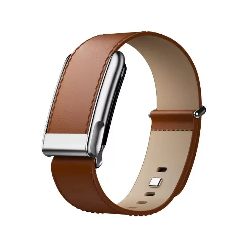 Compatible with Whoop 5.0 Fitness Tracker, featuring a top-layer cowhide leather buckle strap with a bright silver metal U-shape
