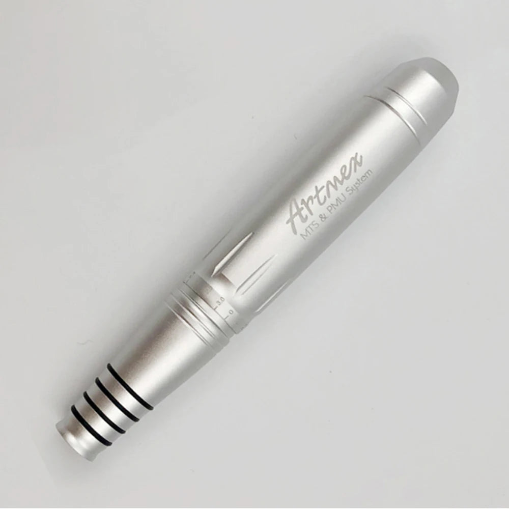 Silver Artmex V8 rotary pen for permanent makeup, tattooing, and MTS skin microneedling treatment on white background.