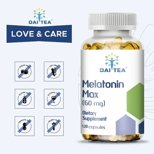 Dai Tea 60mg melatonin sleep supplement capsules in a white bottle with gold pills. 120 count bottle.