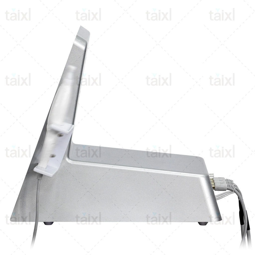 Side view of silver professional ozone cold hot plasma facial rejuvenation device with handheld probe on base.