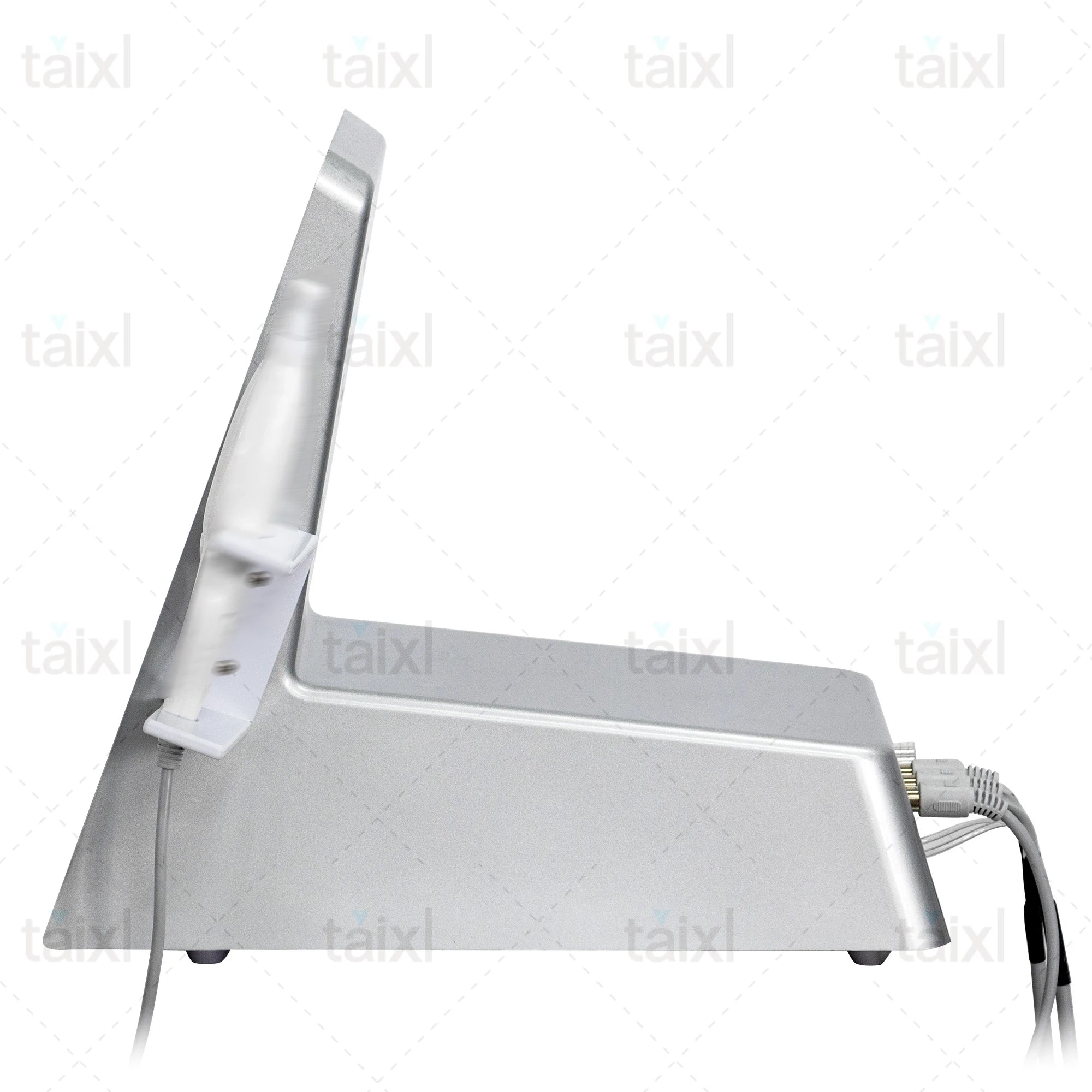 Side view of silver professional ozone cold hot plasma facial rejuvenation device with handheld probe on base.