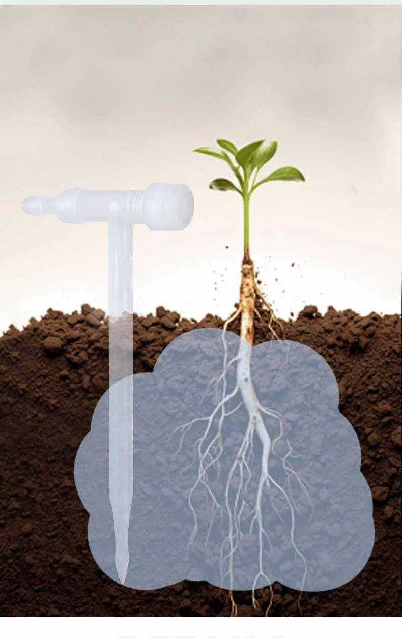 Automatic drip irrigation watering bag with clear tube and adjustable drippers in soil
