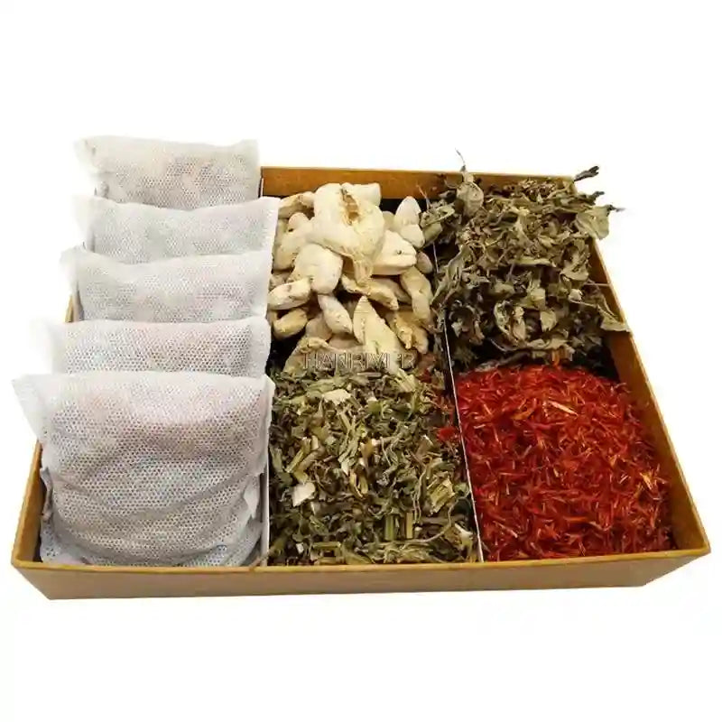 Chinese herbal foot bath soak set with ginger, moxa, and safflower bags for home health care and relaxing foot spa.