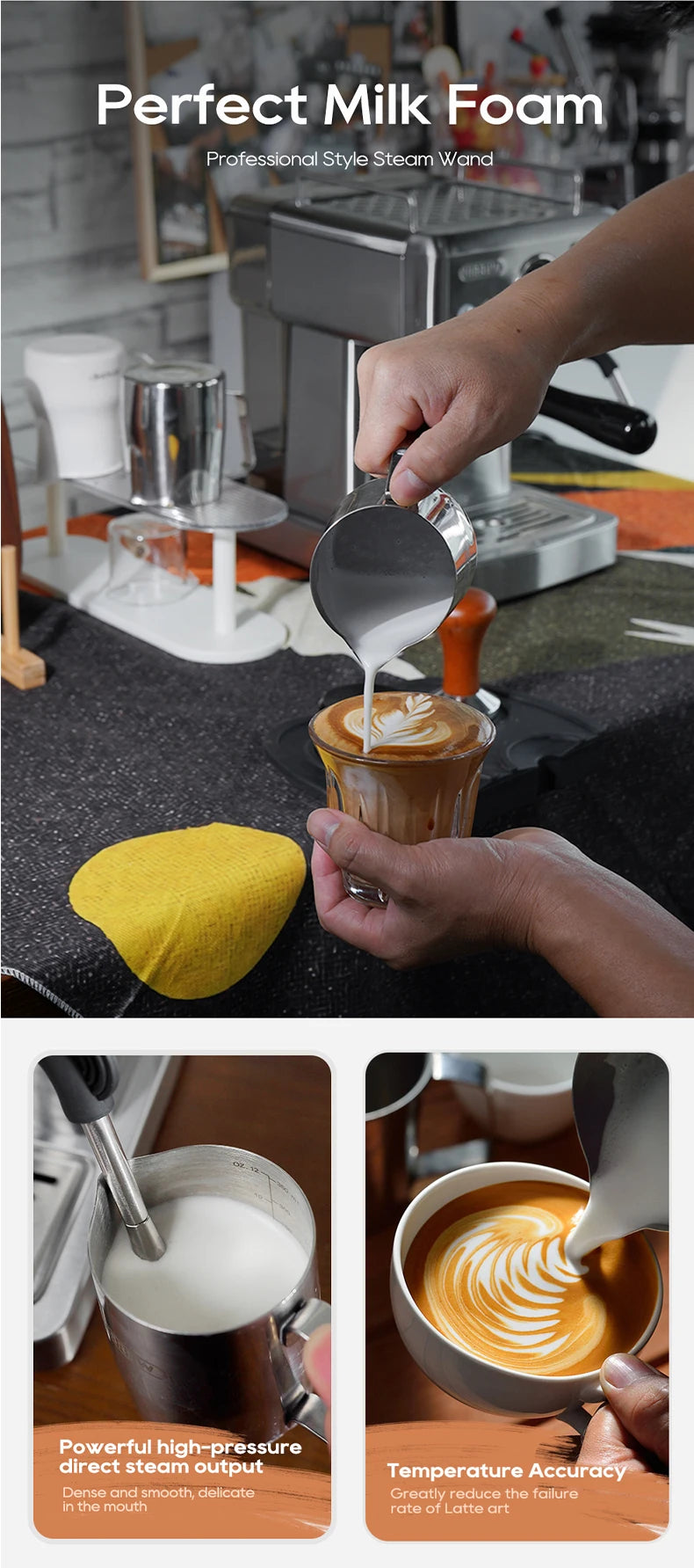 Stainless steel espresso machine with professional steam wand pouring milk foam for latte art.