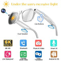 White smart glasses with a 6K camera, built-in dual speakers, Bluetooth, and voice translation for mobile devices.