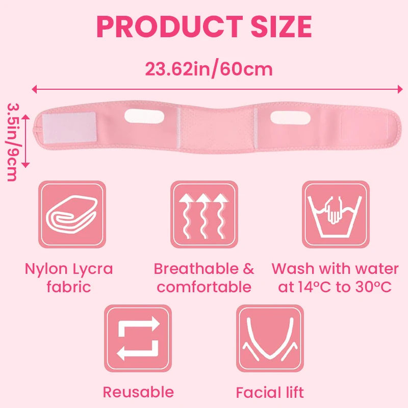 Pink V-line face slimming belt with Velcro, featuring dimensions and icons highlighting material and care instructions.