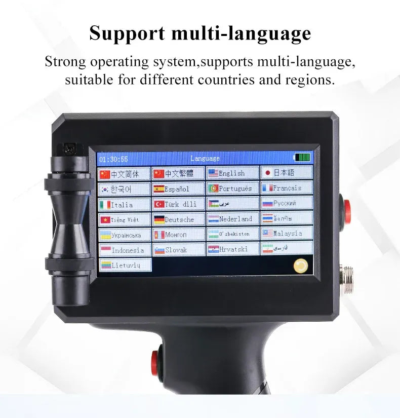 Handheld inkjet printer touchscreen showing multi-language selection list