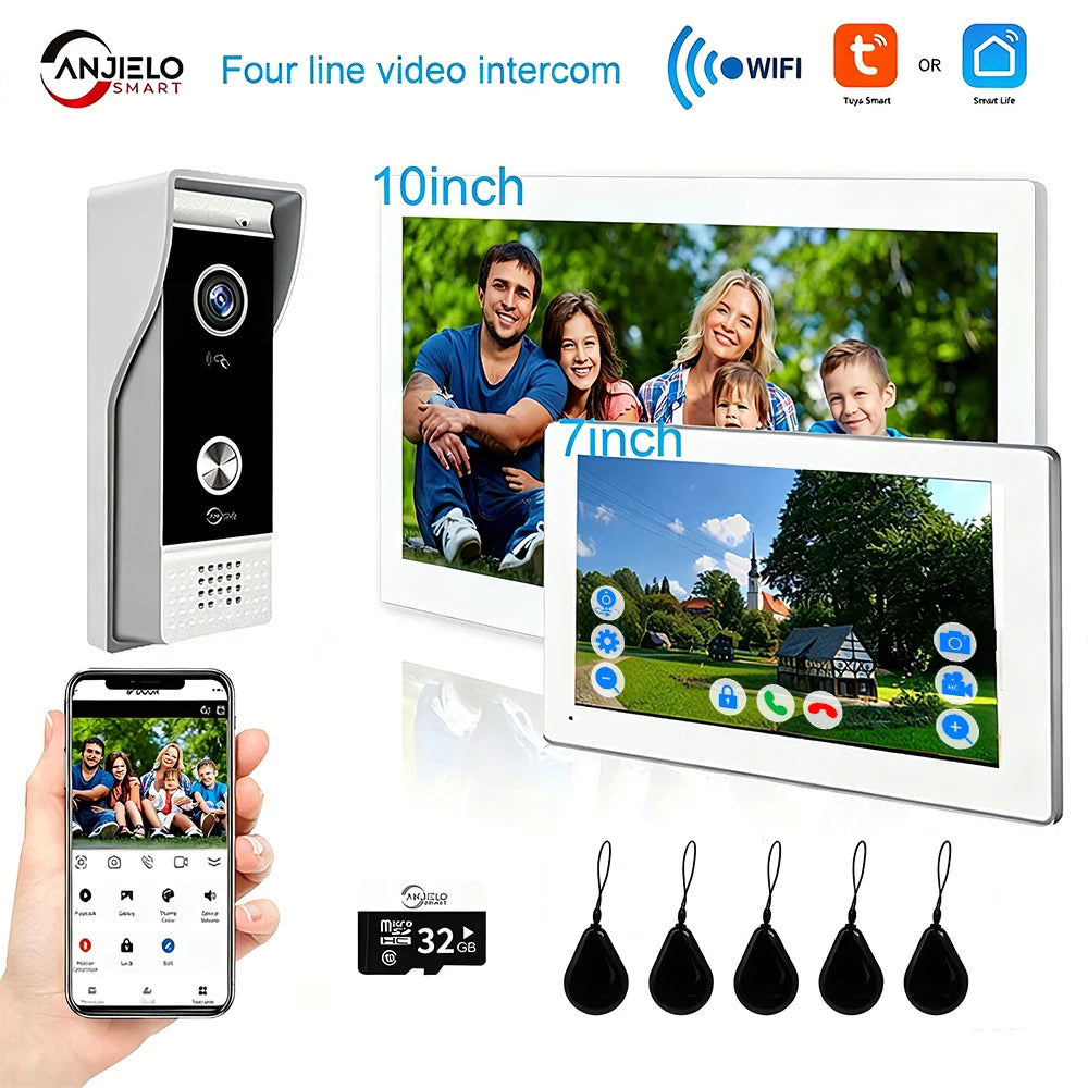 NEW TUYA 7/10 Inch WiFi 1080P Four Wire System Video Intercom Smart Home APP Wireless Video DoorPhone RFID Access Control System