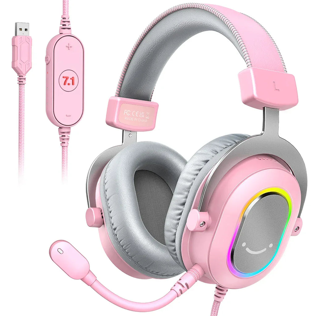 FIFINE RGB Gaming Headset with 7.1 Surround Sound/3-EQ/MIC,Over-ear Headphone with In-line Control for PC PS4 PS5 Ampligame-H6W Pink Tidesmit