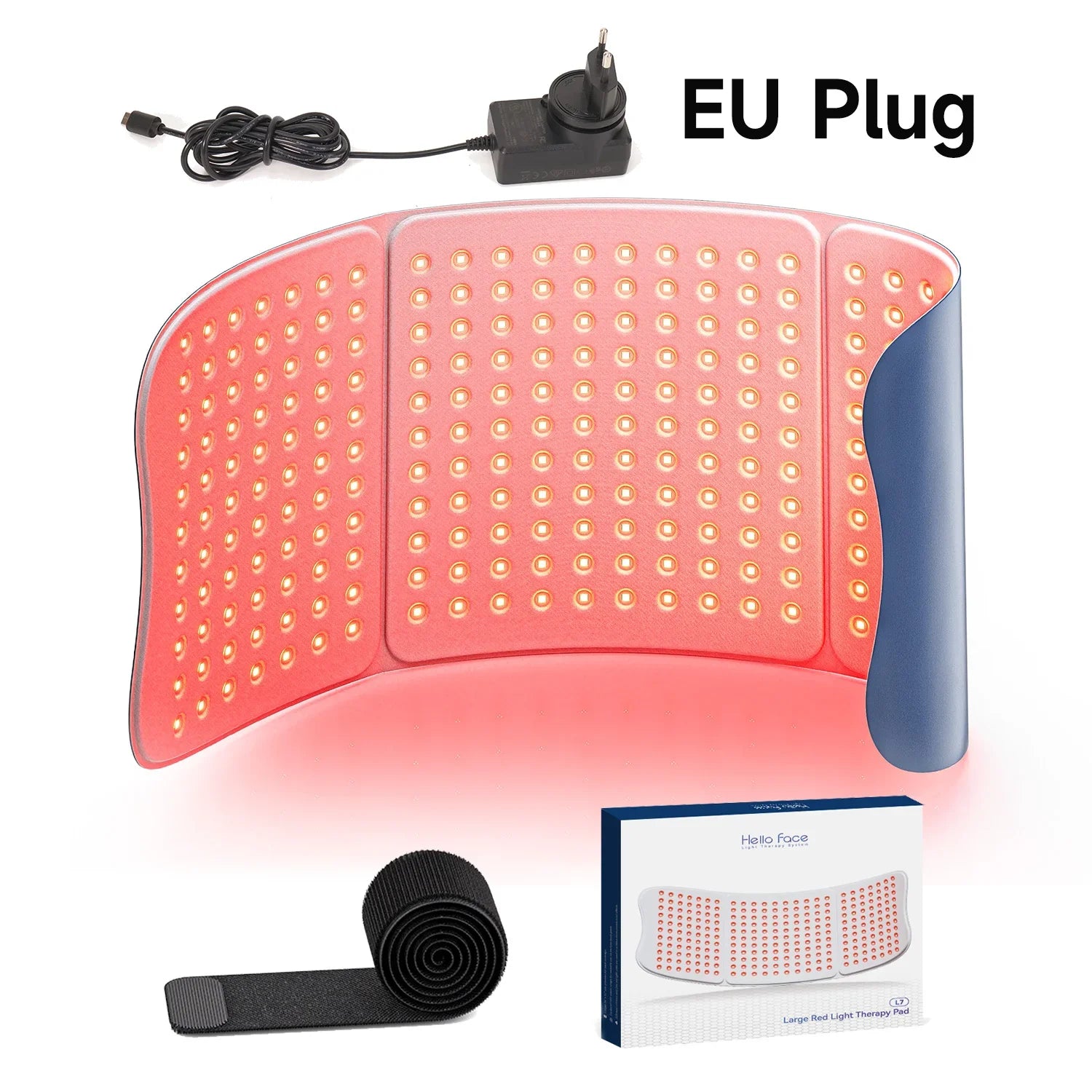 Large curved red light therapy mat with 792 LEDs, EU power adapter, black velcro strap, and product packaging box.