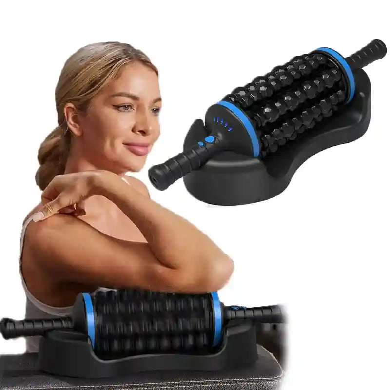 A woman using a black and blue cordless percussive massage roller with textured knobs, set in its charging cradle.