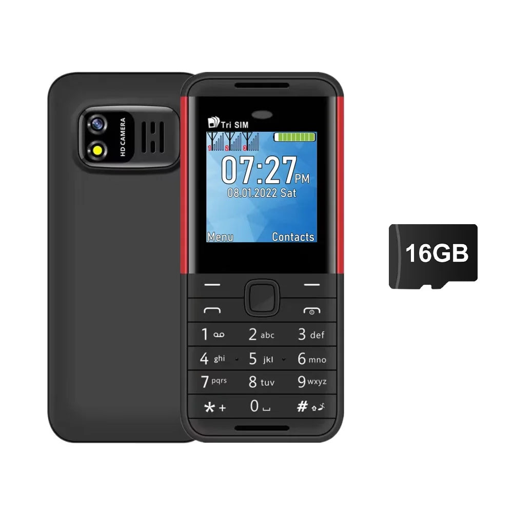 Mini triple-SIM feature phone, black with red stripe and 16GB storage badge
