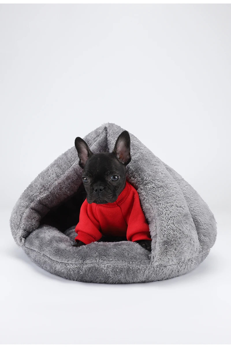 French Bulldog in a cozy, plush, washable gray covered dog bed for warmth and comfort.