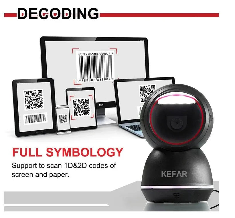 Desktop 2D barcode scanner with scanning head and example barcodes in front view