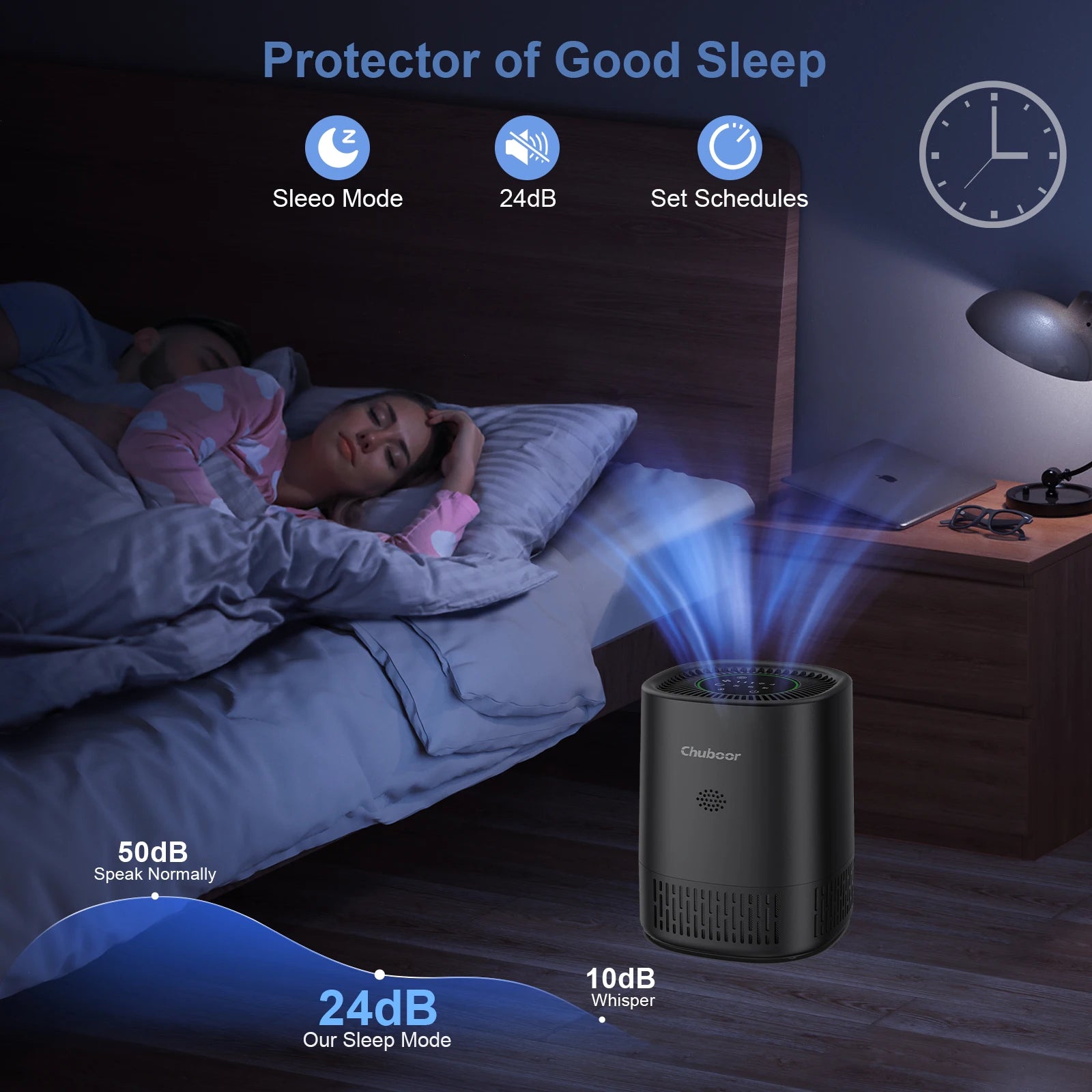 Chuboor black air purifier for bedroom removes pet dander and odors with quiet 24dB sleep mode for better rest.