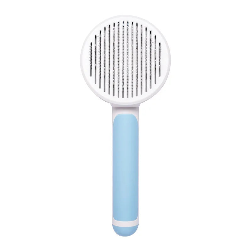 Blue and white self-cleaning slicker brush for cats and dogs to easily remove loose hair and tangles.