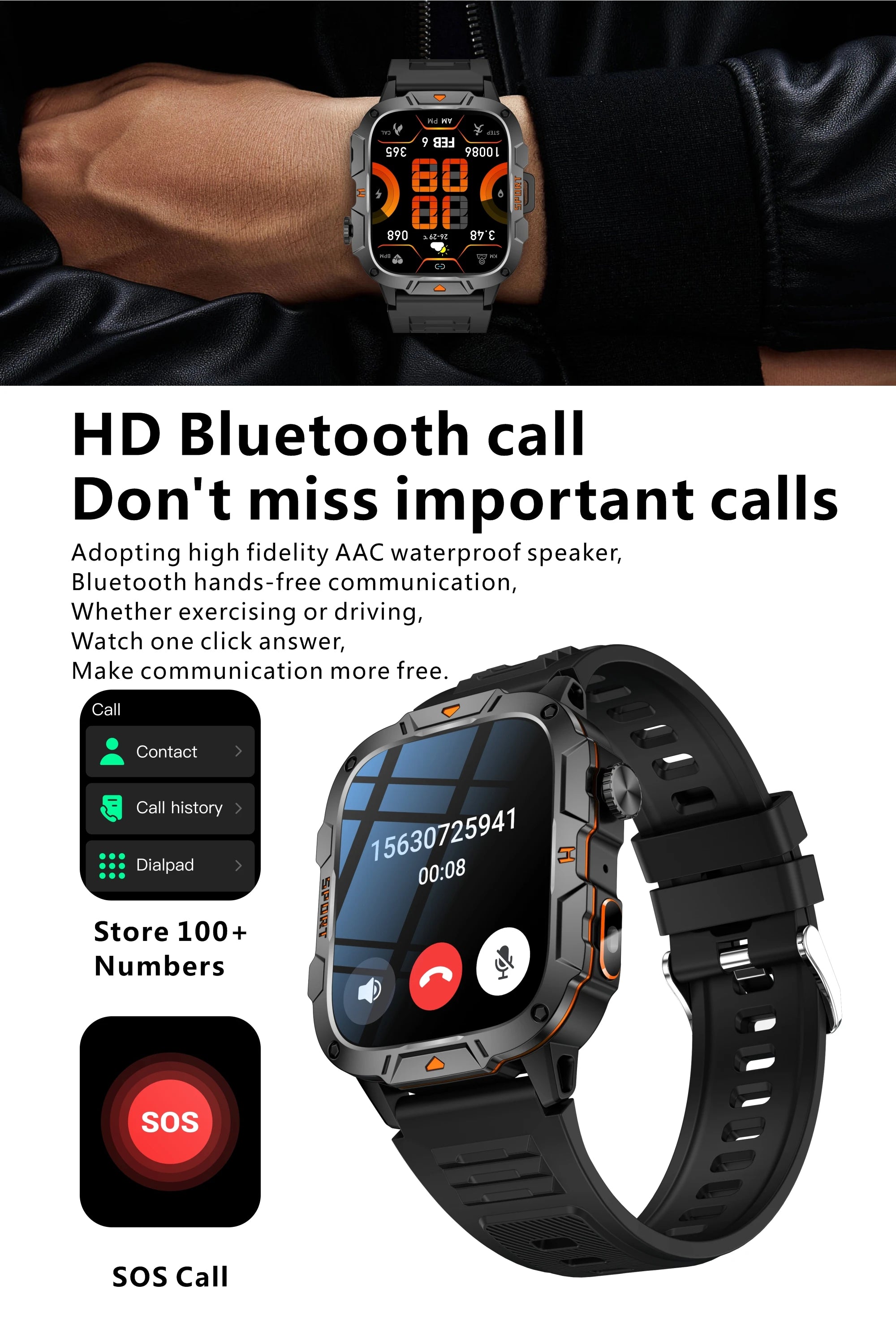 2026 New Military Grade Smart Watch Men 1.96" AMOLED Screen 5ATM Waterproof Sports Fitness Tracker BT Call Smartwatch